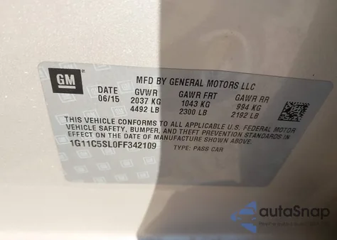 2015 Chevrolet Malibu 1Lt из США, поврежденный, VIN 1G11C5SL0FF342109